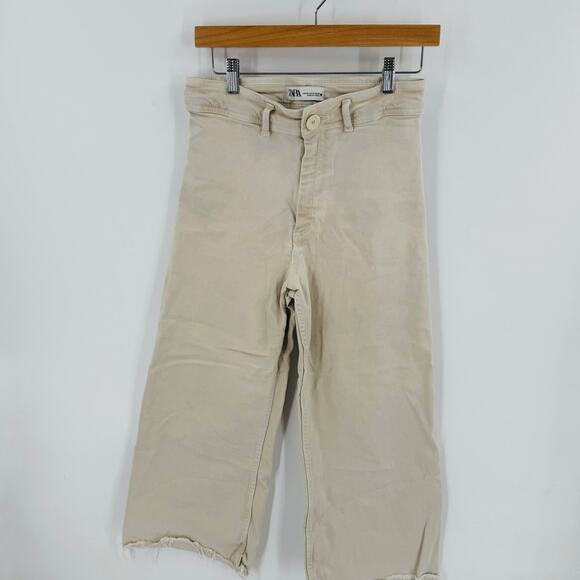 Zara Tan High Rise Marine Wide Leg Cropped Denim Jeans Raw Hem Size 8 Sailor - Picture 6 of 7